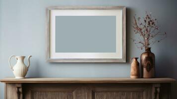 White picture frame mockup on wood table with home decoration, Afternoon light by the window, Ai Generative. photo