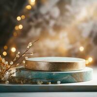 Beige stone circle podium, product display luxury with cosmetic presentation background, Ai Generative. photo