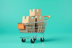 Pile cardboard box package put on shopping cart on blue background, Ai Generative. photo