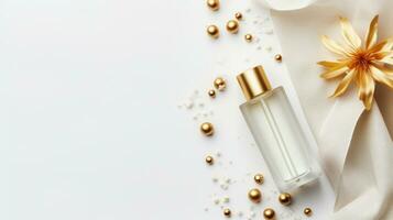 Top view of luxury serum bottle with copy space on white background, Ai Generative. photo