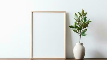 White picture frame mockup on wood table with home decoration, Afternoon light by the window, Ai Generative. photo