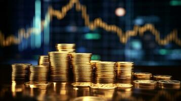 Golden dollar coins stack on screen, stock market graph and investment and currency exchange, Planning and strategy concept by Generative ai. photo