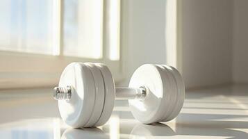 Closeup of dumbbells, window light at afternoon, white background,Ai Generative. photo