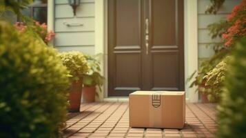 cartulina caja paquete en frente en puerta casa, entrega transporte Servicio concepto, ai generativo. foto