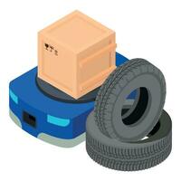 Warehouse concept icon isometric vector. Warehouse robot with box and auto tire vector