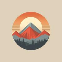 A minimalist mountain range stands against a backdrop of a rising sun, clean 2D vector flat design