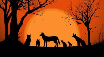 Silhouettes of a group of animals standing near a tree vector