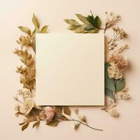 Blank paper card on surround floral, wedding card mockup on pastel color background, Generative ai. photo