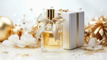 Luxury serum bottle and gift box with gold decorations on white background, Generative ai. photo