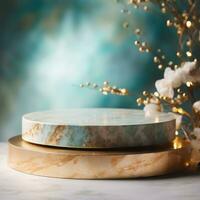 Beige stone circle podium, product display luxury with cosmetic presentation background, Generative ai. photo