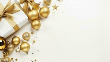 Top view of gold gift box with copy space, golden decorations on white background, Generative ai. photo