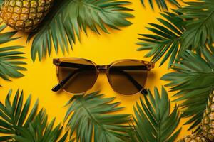 Top view of sunglasses and leaf on yellow background, summer concept. Generative ai. photo