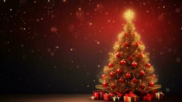 Navidad árbol y regalo caja con decoraciones, generativo ai. foto