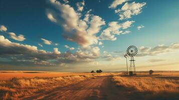 Wind turbines generate electricity on meadow, Generative ai. photo