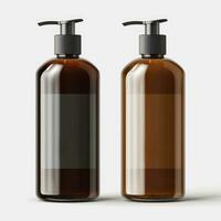 Brown cleansing shampoo bottle with label template on bottle on white background, Generative ai. photo