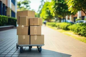 Pile cardboard box package put on cart, delivery transport service, Generative ai. photo