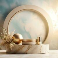 Beige stone circle podium, product display luxury with cosmetic presentation background, Generative ai. photo