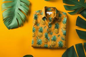 parte superior ver de hawaiano camisa y hoja en amarillo fondo, verano concepto. generativo ai. foto