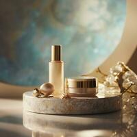 Beige stone circle podium, product display luxury with cosmetic presentation background, Generative ai. photo