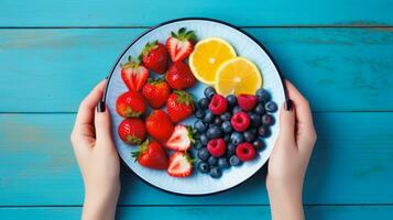 Top view of fruit salad with strawberry and blueberry sweet cherry in plate on wood background, Generative ai. photo