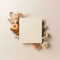 blanco papel tarjeta en rodear floral, Boda tarjeta Bosquejo en pastel color fondo, generativo ai. foto
