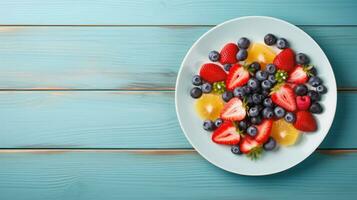 Top view of fruit salad with strawberry and blueberry sweet cherry in plate on wood blue background, Generative ai. photo