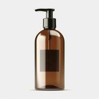 Brown cleansing shampoo bottle with label template on bottle on white background, Generative ai. photo