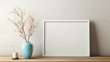 blanco imagen marco Bosquejo en madera mesa con hogar decoración, tarde ligero por el ventana, generativo ai. foto