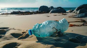 un usado estropeado el plastico Bebiendo agua botella lanzar lejos en el arena, general desperdiciar, por ai generativo. foto