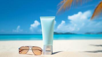 Sunscreen lotion bottle on table, cosmetic product on beach background, Generative ai. photo