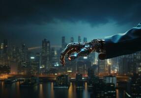 Robot hand and night city background, communication technology concept, Generative ai. photo