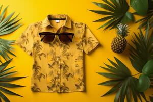 Top view of hawaiian shirt and leaf on yellow background, summer concept. Generative ai. photo