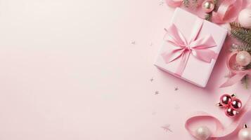 Top view of pink gift box with copy space, golden decorations on background, Generative ai. photo