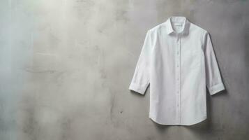 Top view of men shirt white color on texture grey background, Generative ai. photo