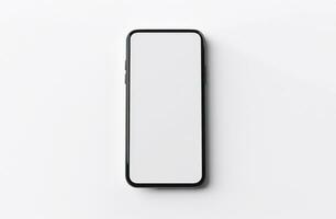 Flat lay of smartphone with blank screen on white background, Generative ai. photo