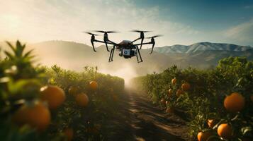 Drone is flying to spray natural insect repellent on an organic farm, by AI Generative. photo