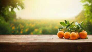 Wooden board table with blur orange farm background, Mockup for product, by AI Generative. photo