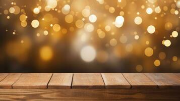 Wooden board empty table with blur gold bokeh background, Mockup for product, by AI Generative. photo