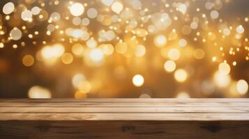 Wooden board empty table with blur gold bokeh background, Mockup for product, by AI Generative. photo