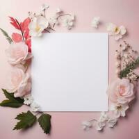 blanco papel tarjeta en rodear floral, Boda tarjeta Bosquejo en pastel color fondo, generativo ai. foto