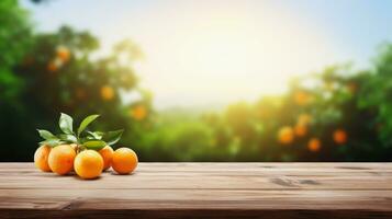 Wooden board table with blur orange farm background, Mockup for product, by AI Generative. photo