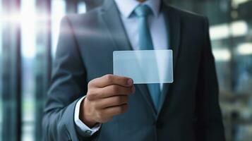 Businessman holding white card, by AI Generative. photo