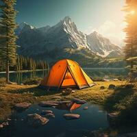Lonely glowing orange tent on mountains with lagoon on morning light, by AI Generative. photo