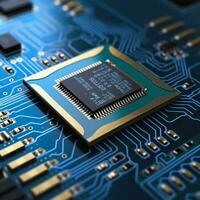closeup of processing chip, by AI Generative. photo