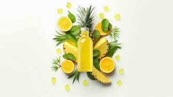 Top view of organic fruits and juice bottle with pineapple, lime on white background, by AI Generative. photo