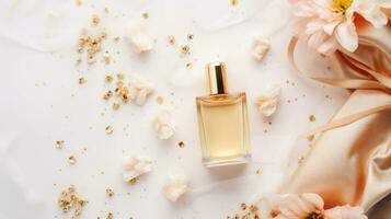 Top view of luxury serum bottle with beige ribbon with copy space on white background, Generative ai. photo