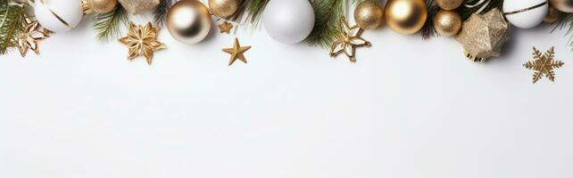 Flat lay of Christmas decorations on white background, by AI Generative. photo