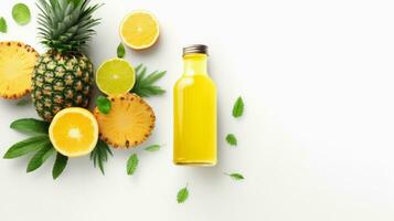 Top view of organic fruits and juice bottle with pineapple, lime on white background, by AI Generative. photo