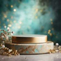 Beige stone circle podium, product display luxury with cosmetic presentation background, Generative ai. photo