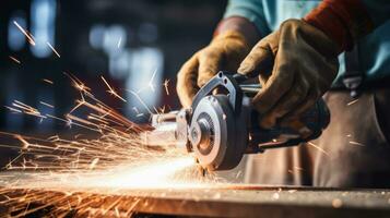 Hand working with electric wood cutter in warehouse, by AI Generative. photo